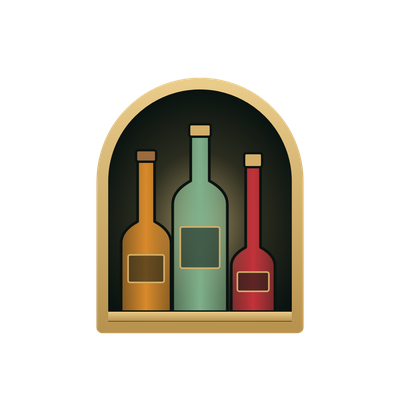 Three backlit bottles in a brass-arched cabinet
